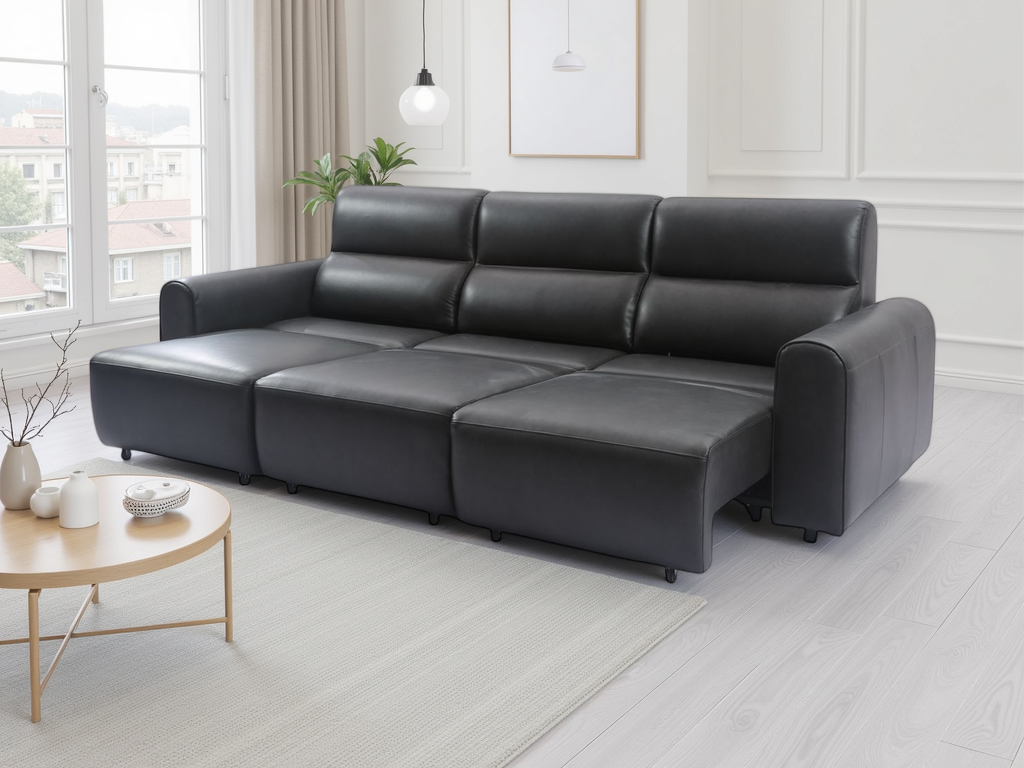 3-seat electric sofa in black with deep seats and padded armrests with chaise ends