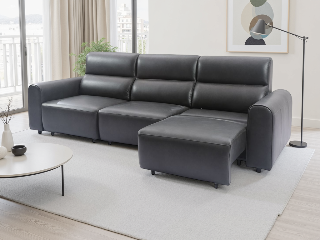 3-seat electric sofa in dark gray with wide chaise section and padded armrests