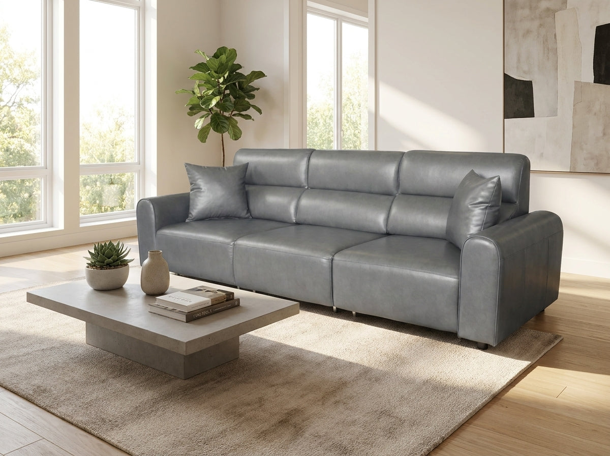 3-seat electric sofa in medium gray with padded arms and deep reclined back cushions