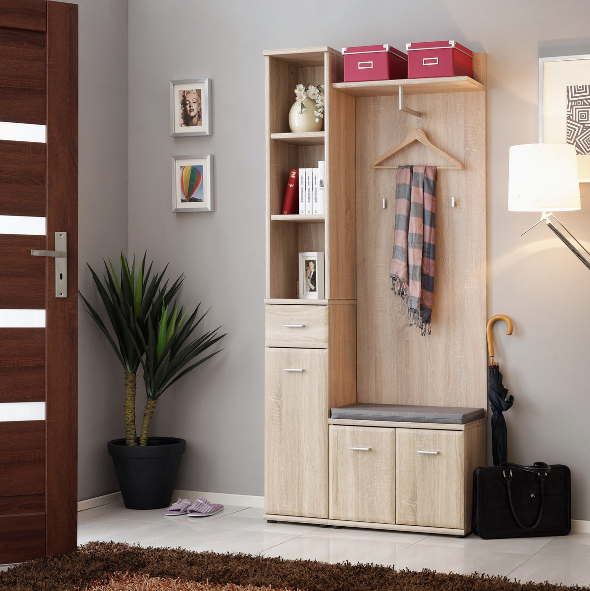 Tall hallway cabinet with hanging rail, open shelves, and two lower drawers.