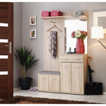 Light wood hallway cabinet with double doors and two drawers, slim silver handles.
