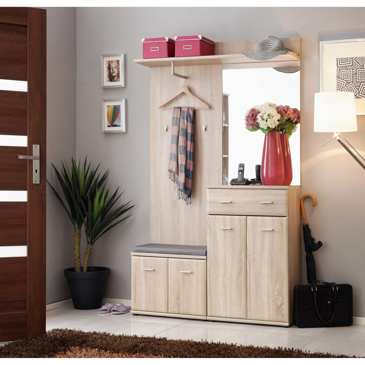 Light wood hallway cabinet with double doors and two drawers, slim silver handles.