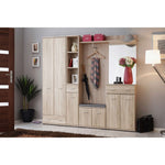 Tall hallway cabinet with hanging rail, open shelves, and two bottom drawers.