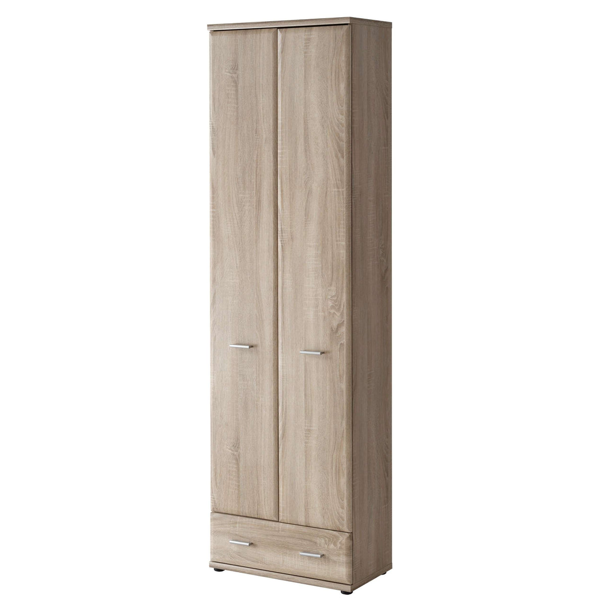 60cm hallway wardrobe in light oak effect, two doors and two drawers.