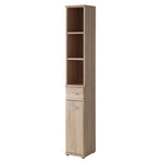 Tall hallway cabinet with open shelves and two bottom drawers, light wood finish.