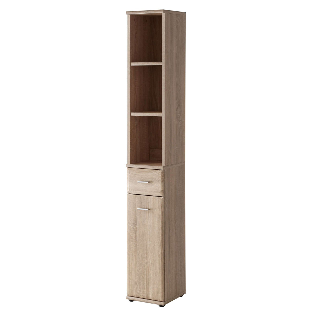 Tall hallway cabinet with open shelves and two bottom drawers, light wood finish.