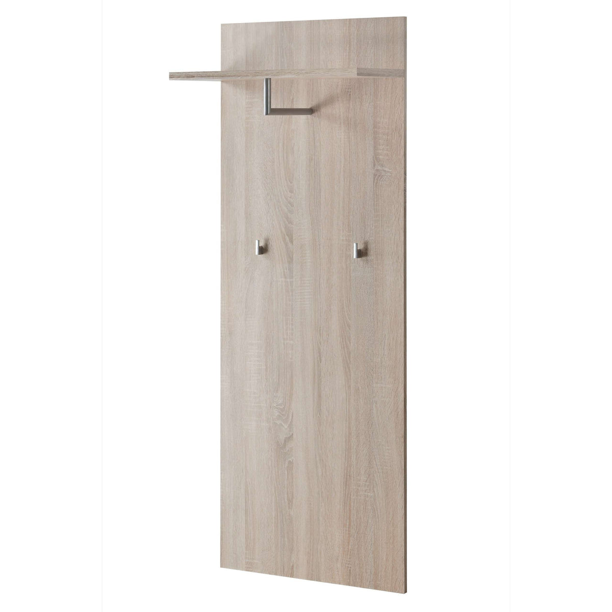 Wooden hallway hanger panel with top bar and two metal hook pegs