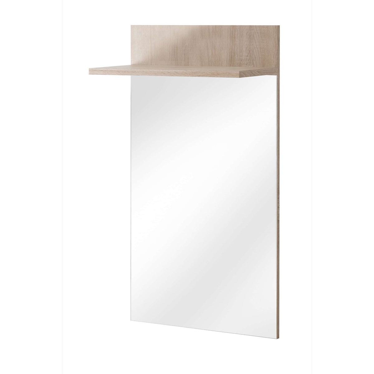 Ario hallway mirror with wall shelf, rectangular light-wood frame and clear glass