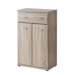 Light wood hallway cabinet with top drawer and two hinged doors, silver handles.