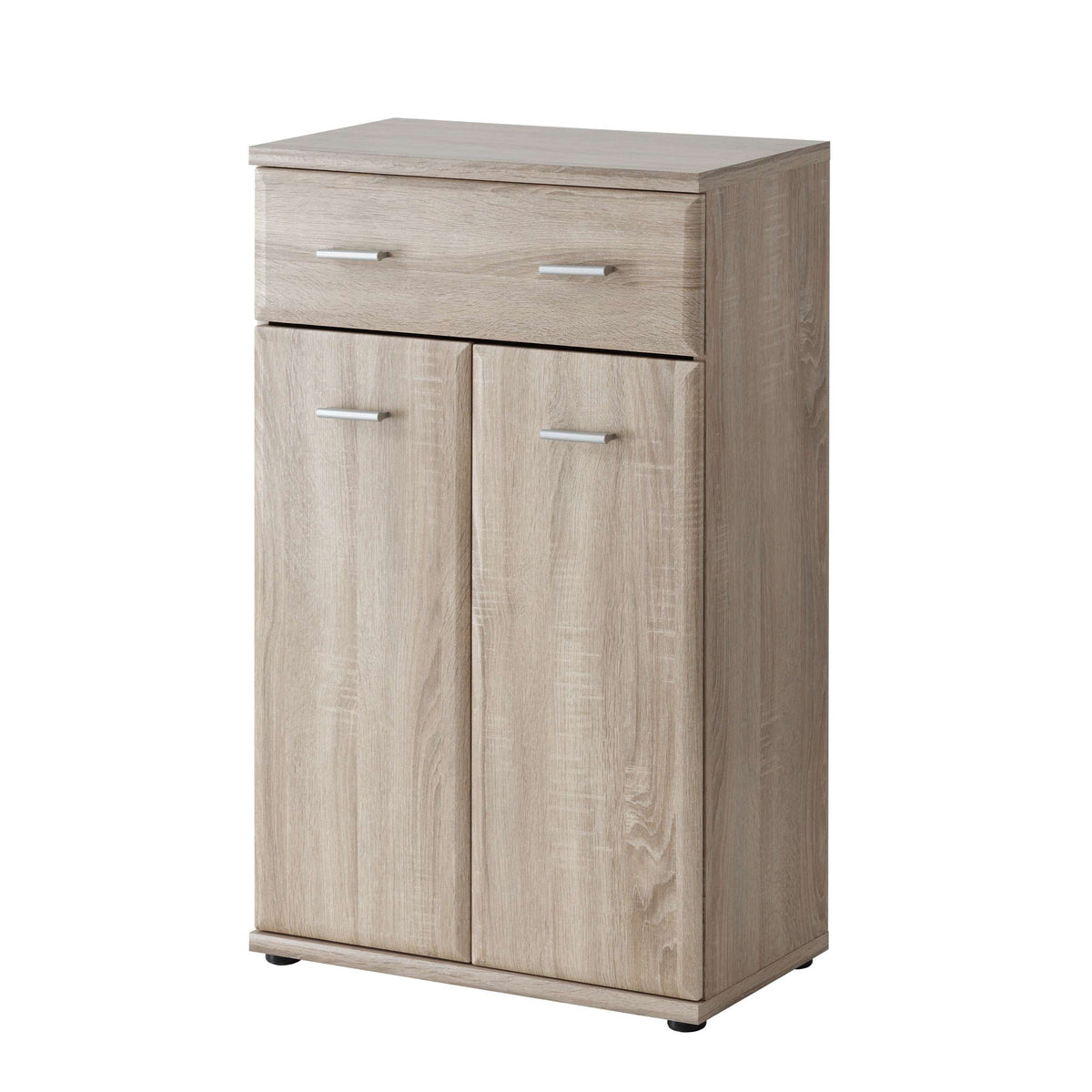 Light wood hallway cabinet with top drawer and two hinged doors, silver handles.