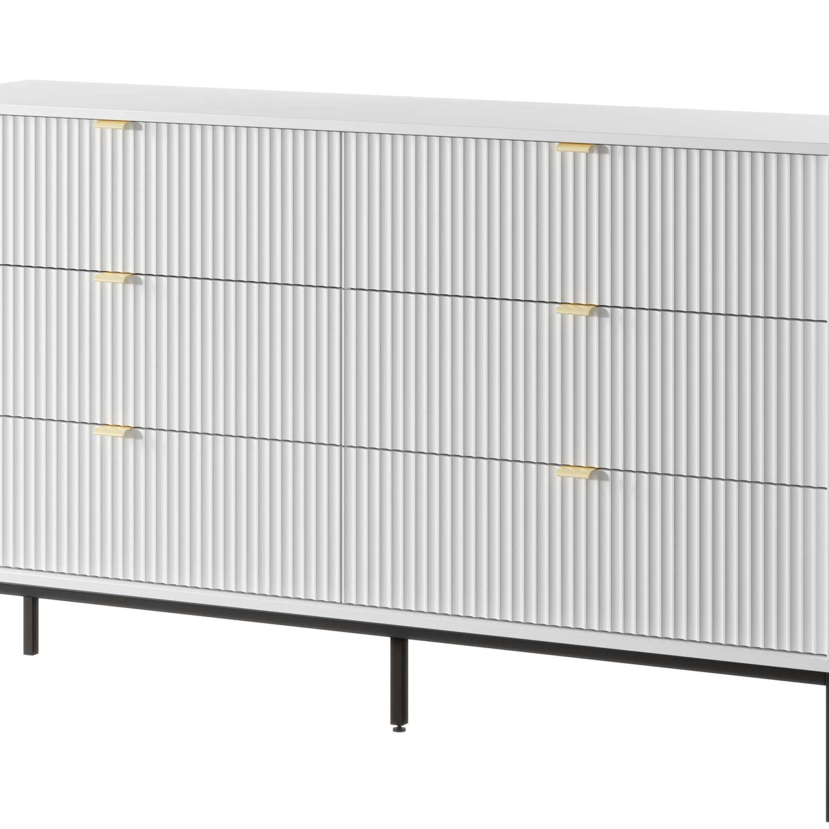 Ridge chest of drawers in light grey with vertical ribbed fronts and brass-tone bar handles.